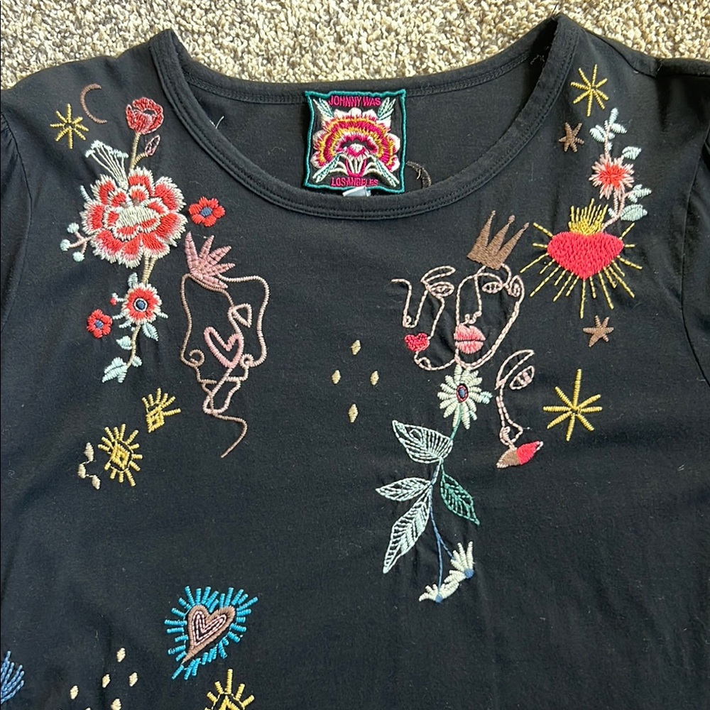 Johnny Was Embroidered Black T-Shirt with 3/4 Sleeves, Size S, EUC